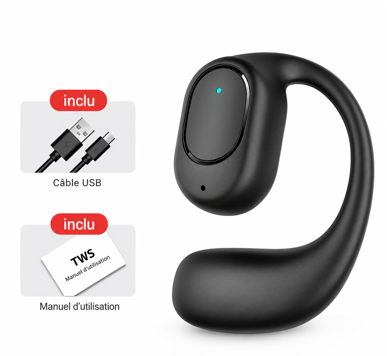 Oreillette Bluetooth Sans Fil – Design OWS Open, 11h d'autonomie